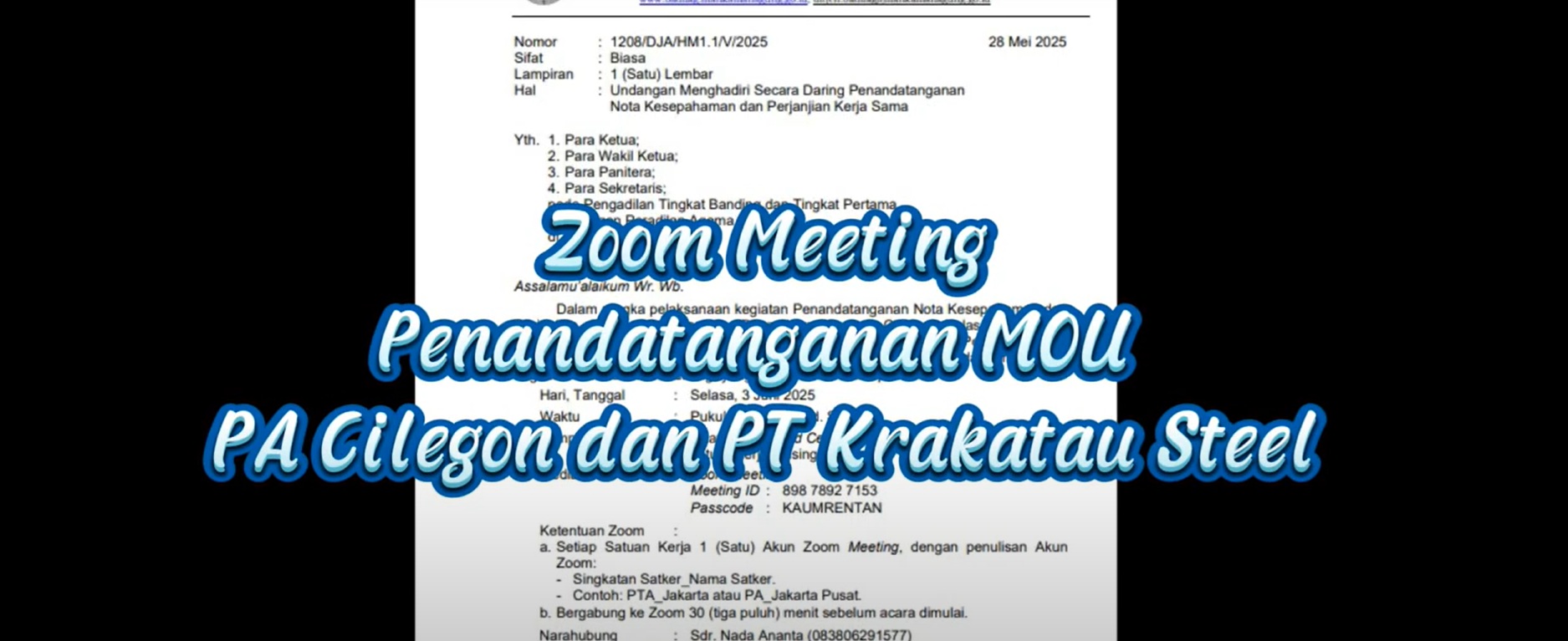 Zoom Meeting Penandatanganan Nota Kesepahaman antara PA Cilegon Dengan PT Krakatau Steel